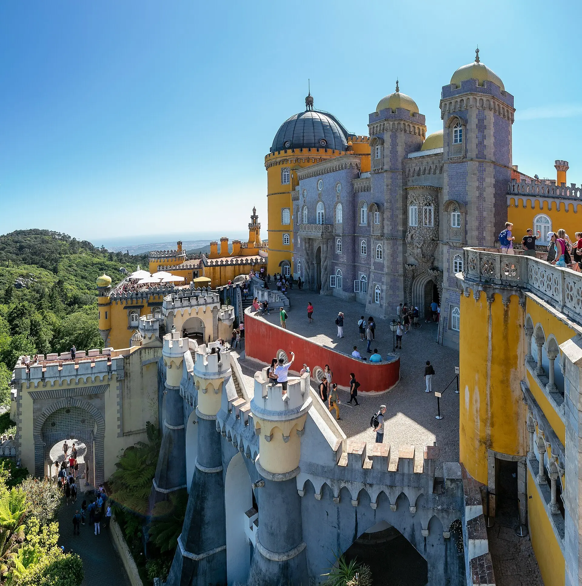 Red and yellow walls, a clock tower and walkways with views to the Atlantic on clear days.